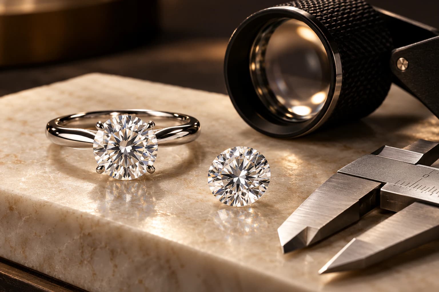 A solitaire ring and loose diamond presented with a loupe and precision caliper for inspection.